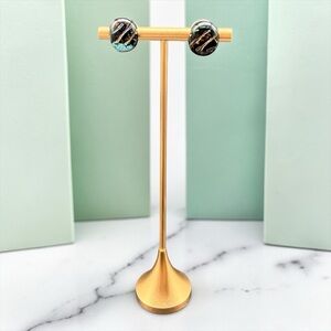 Vintage Dichroic Art Glass Artisan Stud Earrings .5” Round Black Multi As Is